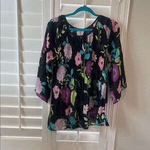 Spense Black Floral Peasant Tunic - Pink & Teal Flowers